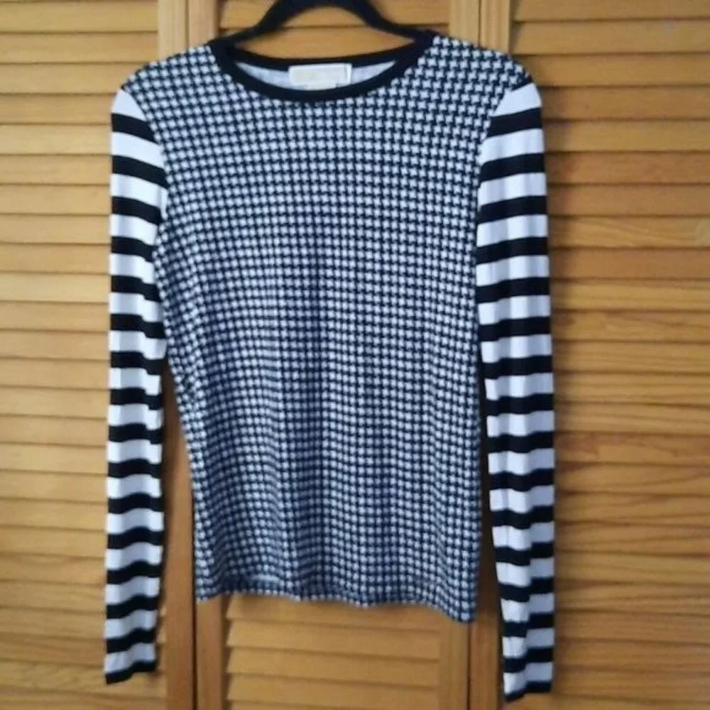 Michael Michael Kors Black & White Houndstooth Striped Sleeve Sweater Size P/S - Picture 1 of 6